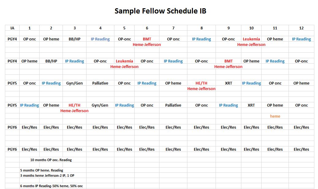 Sample schedule of the Hematology Oncology Fellowship