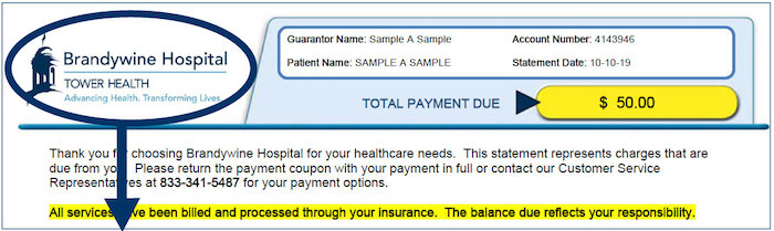 Screenshot of Tower Health invoice with with hospital logo circled