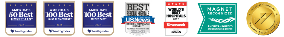 Logos for Healthgrades 50 Best Hospitals 2023, Healthgrades 100 Best Joint Replacement 2023, Healthgrades 100 Best Stroke Care 2023, US News and World Report Best Regional Hospitals 2022-23, Newsweek World's Best Hospitals 2023, Magnet Recognized – American Nurses Credentialing Center, and The Joint Commission National Quality Approval