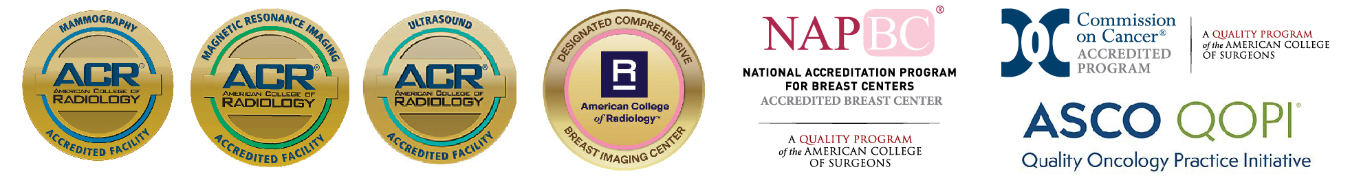 American College of Radiology, National Accreditation Program for Breast Cancer, Commission on Cancer, and ASCO Quality Oncology Practice Initiative accreditation logos