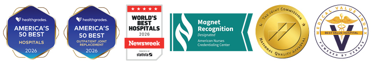Healthgrades America's 50 Best Hospitals 2026, Healthgrades America's 50 Best Outpatient Joint Replacement 2026, Newsweek World's Best Hospitals 2026, Magnet Recognized by American Nurses Credentialing Center, The Joint Commission National Quality Approval Badge, and Verras Best Value Hospital