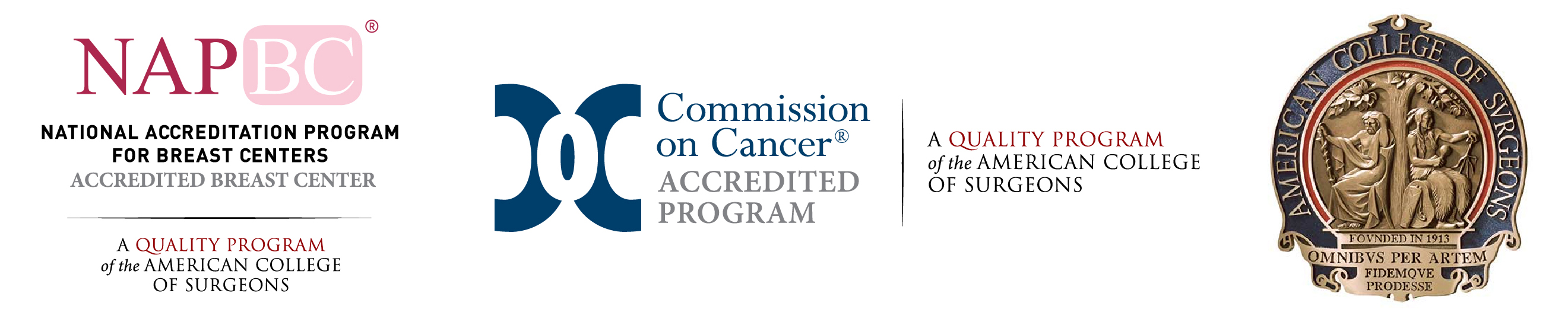 National Accreditation Program for Breast Centers, Commission on Cancer, and American College of Surgeons accreditation logos