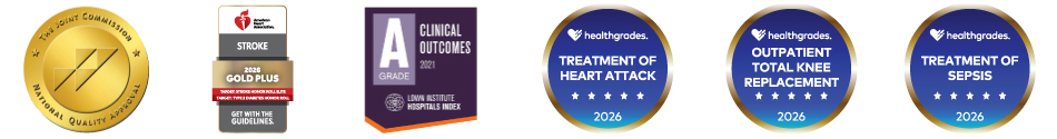 The Joint Commission National Quality Approval Badge, American Heart Association Get With the Guidelines 2025 Gold Plus Award, Lown Institute Hospital Index A Grade for Clinical Outcomes 2021, Healthgrades Badge for Treatment of Heart Attack 2026, Healthgrades Badge for Outpatient Total Knee Replacement 2026, Healthgrades Badge for Treatment of Sepsis 2027
