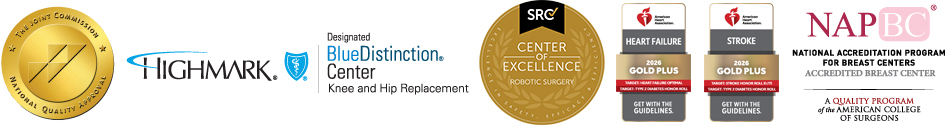 Accreditation logos for Joint Commission, Highmark Blue Distinction Center Knee and Hip Replacement, SRC Center of Excellence Robotic Surgery, 2020 Get With the Guidelines Gold Plus for Heart Failure/Stroke, and National Accreditation Program for Breast Centers