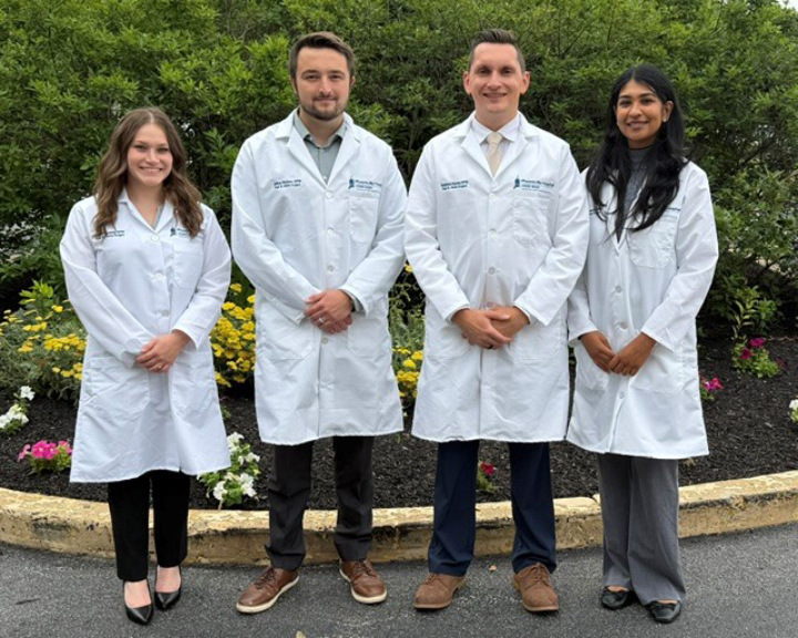 Phoenizville Podiatric Residents 2026 PGY-1 from left to right:  Julia Firestone, DPM, Jeffrey Madsen, DPM, Matt Bowler, DPM, and Sona Saravanan, DPM 