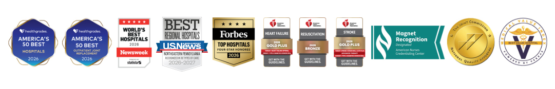 2026 Awards logos for Healthgrades America's 50 Best Hospitals, Healthgrades America's 50 Best Outpatient Joint Replacement, Newsweek World's Best Hospitals, US News Best Regional Hospitals, Forbes Top Hospitals Four-Star Honoree, Get with the Guidelines Gold Plus for Heart Failure and Stroke, Get with the Guidelines Bronze for Resucitation, Magnet Recognition, The Joint Commission, and Verras Best Value Hospital