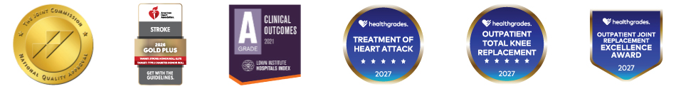 The Joint Commission National Quality Approval Badge, American Heart Association Get With the Guidelines 2026 Gold Plus Award for Stroke, Lown Institute Hospital Index A Grade for Clinical Outcomes 2021, Healthgrades Badge for Treatment of Heart Attack 2027, Healthgrades Badge for Outpatient Total Knee Replacement 2027, Healthgrades Badge for Outpatient Joint Replacement Excellence Award 2027