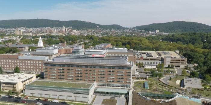 Aerial view of Reading Hospital with Reading, PA in background