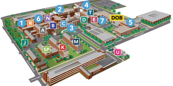 Reading Hospital campus map - aerial view with building letters and entrances numbered