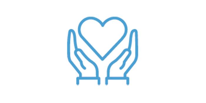 Blue icon of hands holding up a heart: Family Support for the entire family, including sibling support, diagnosis education, and legacy building at Child Life Center.
