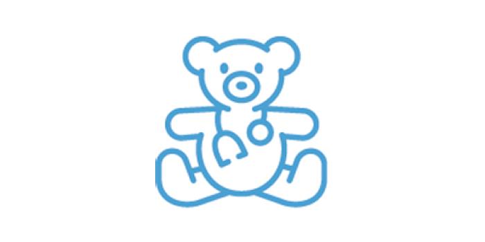 Blue icon of a teddy bear: Procedural Support - accompany your child to procedures to offer support and distraction and promote positive coping at Child LIfe Center