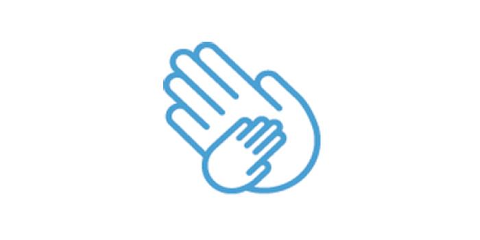 Blue icon of a small hand placed in a larger hand: Procedural Support - accompany your child to procedures to offer support and distraction and promote positive coping at Child Life Center.