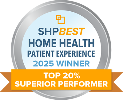 Visual badge for SHPBest Home Health Patient Experience 2025 Winner - Top 20% Superior Performer Award