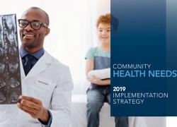 Community health needs report cover image of doctor checking x-ray with boy patient in background with injured arm.